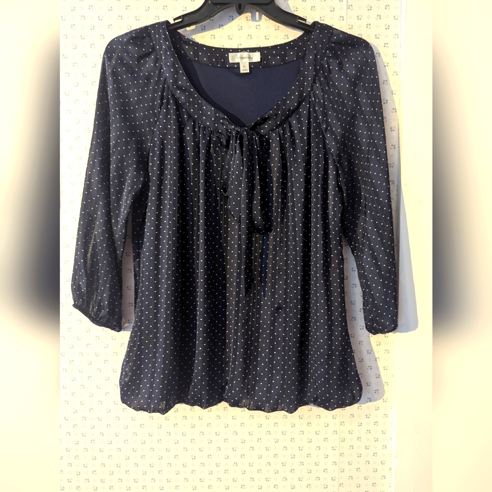 Dress Barn Blouse Navy Polka Dot Top XL Sheer Stripes Gathered Sleeve Hem Bow